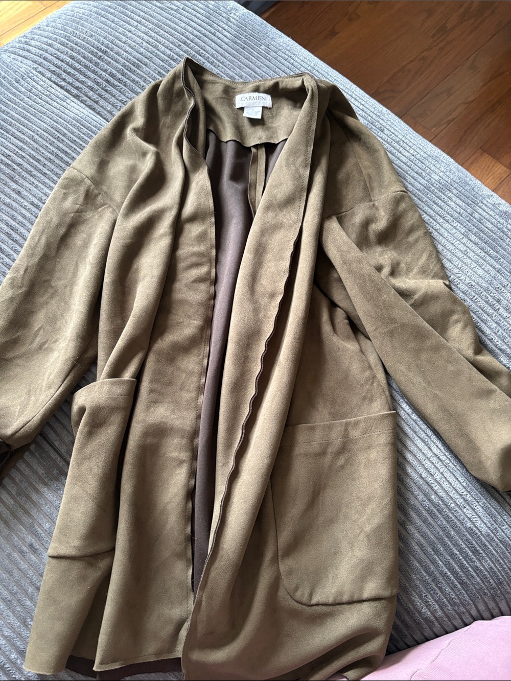 Carmen Marc Valvo Olive Suede Drape Front Trench